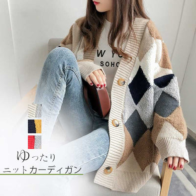 韓国ファッション　ニットカーディガン　チェック柄　ゆったりサイズ　秋冬　おしゃれアウター　羽織