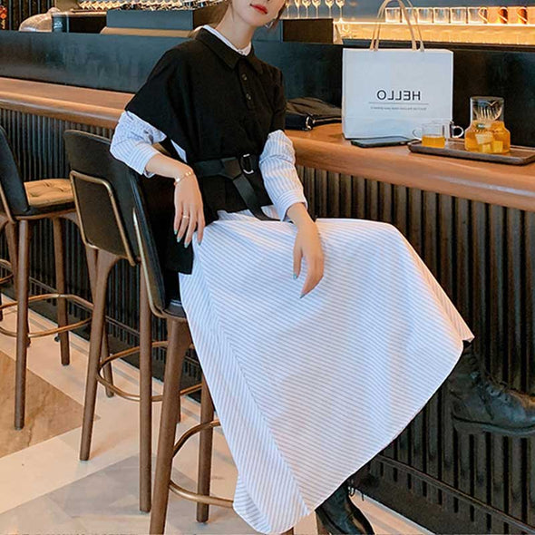 韓国ファッション　セットアップ　ベスト+ロングシャツワンピ　かわいいワンピース