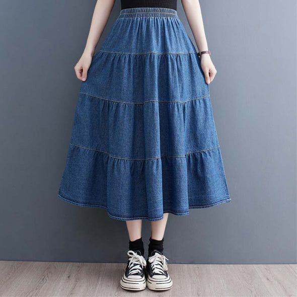 韓国ファッション　おしゃれスカート　切り替え　Aライン　デニムスカート
