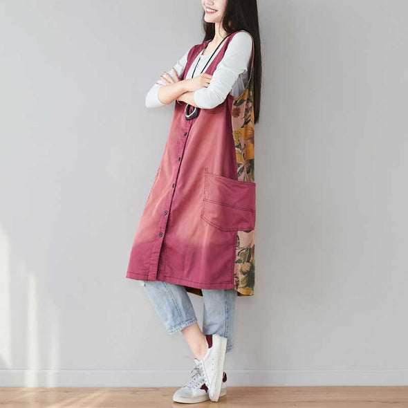 韓国ファッション　ジャンパースカート　Vネック　チュニックワンピース　花柄　エスニック風