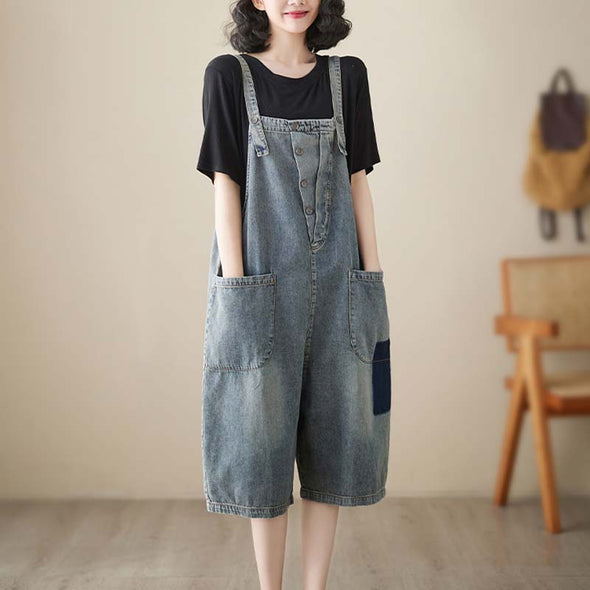 韓国ファッション　おしゃれ　夏デニムサロペット　ショートパンツ