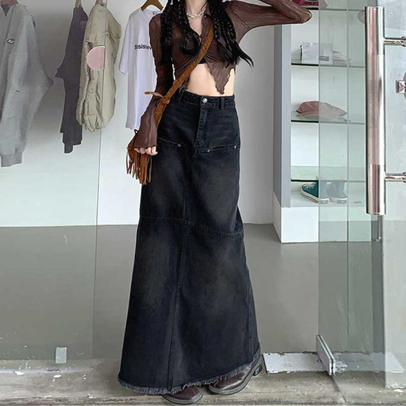 韓国ファッション　デニムスカート　ロング丈　マキシスカート　おしゃれスカート