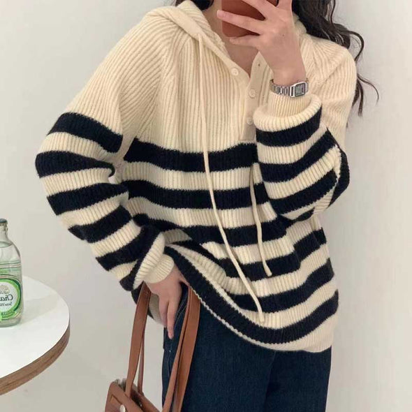 ストライプ柄　フード付　ニットセーター　韓国ファッション　かわいいニットセーター　人気　セーター