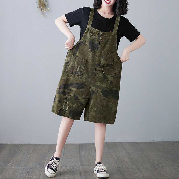 韓国ファッション　迷彩柄　デニムサロペット　夏デニムパンツ　半パンズ　かわいいデニム
