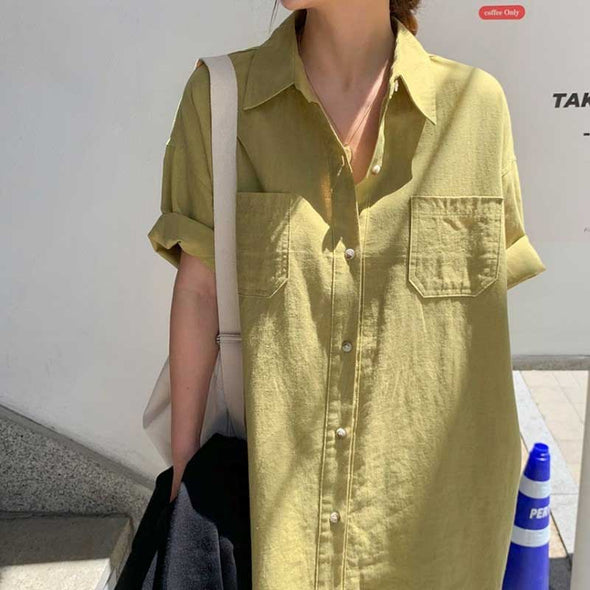 韓国ファッション　4色展開　おしゃれシャツワンピース　ロングワンピース　半袖　夏ワンピース