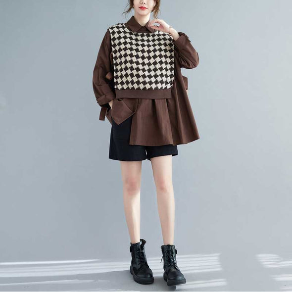 韓国ファッション　人気セットアップ　ニットベスト+シャツ　アシメ裾　チェック柄　シャツセット