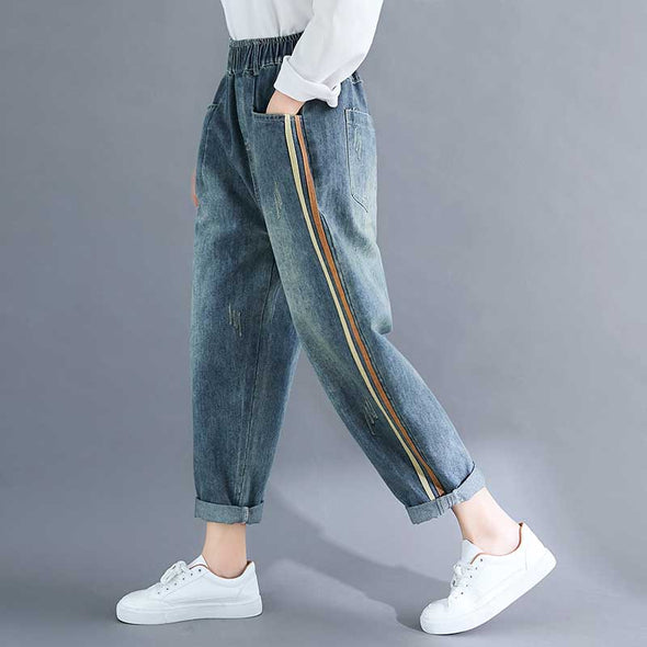 韓国ファッション　サイドライン　デニムパンツ　ハーレム風　おしゃれデニムボトムス