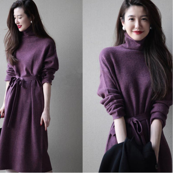 韓国ファッション　ウエストリボン　ハイネック　秋冬ワンピース　膝丈ワンピース