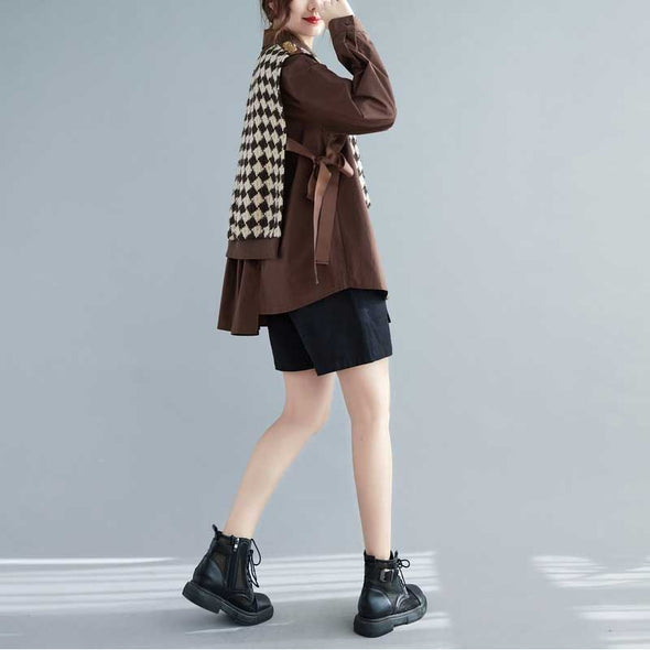 韓国ファッション　人気セットアップ　ニットベスト+シャツ　アシメ裾　チェック柄　シャツセット