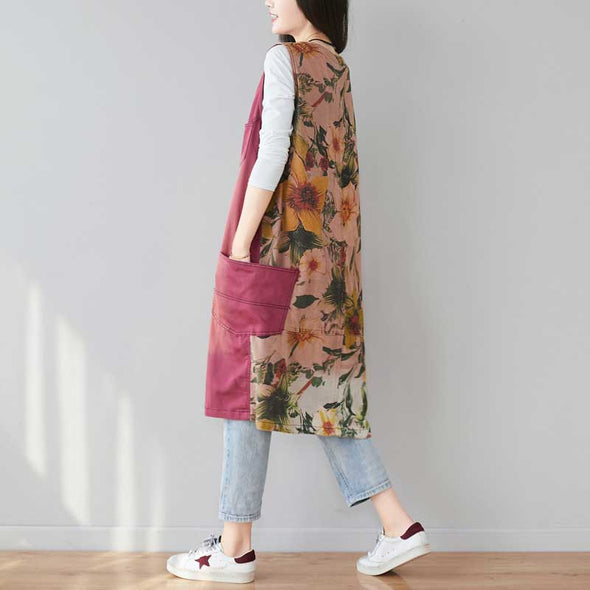 韓国ファッション　ジャンパースカート　Vネック　チュニックワンピース　花柄　エスニック風