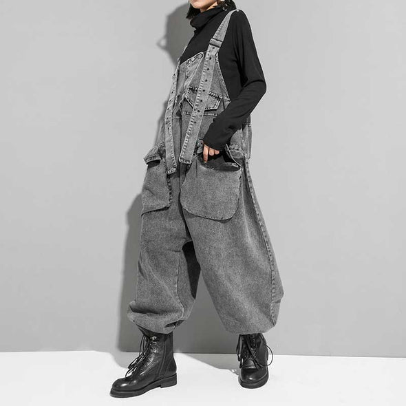 韓国ファッション　サロペットパンツ　デニム　ワイド風　着瘦せ　デニムサロペット・オールインワン