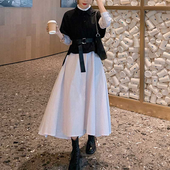 韓国ファッション　セットアップ　ベスト+ロングシャツワンピ　かわいいワンピース