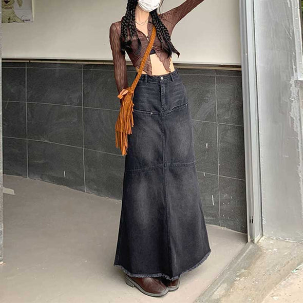 韓国ファッション　デニムスカート　ロング丈　マキシスカート　おしゃれスカート