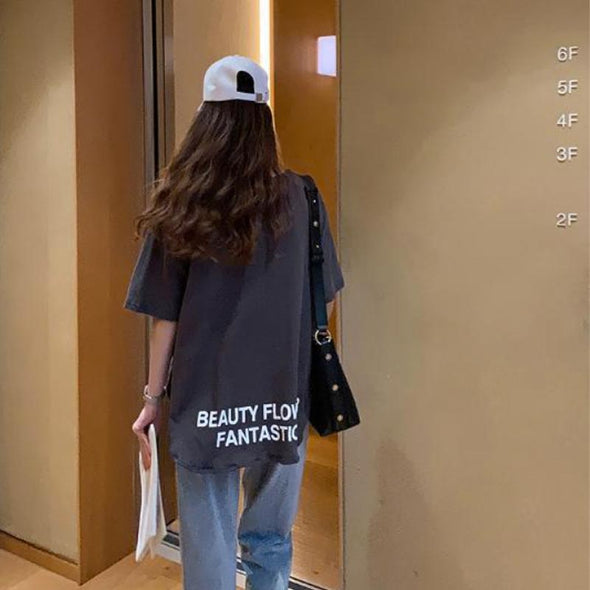 韓国ファッション　アルファベットプリント　サイドスリット　人気半袖Ｔシャツ