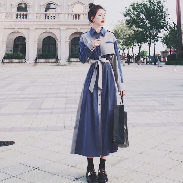 韓国ファッション　配色お洒落　ウエストリボン　Aライン　ロングシャツワンピース　デートワンピース