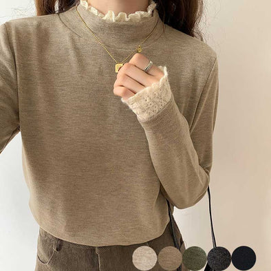 韓国ファッション　シンプル無地　おしゃれレース袖　着瘦せ　インナーＴシャツ　ニットＴシャツ