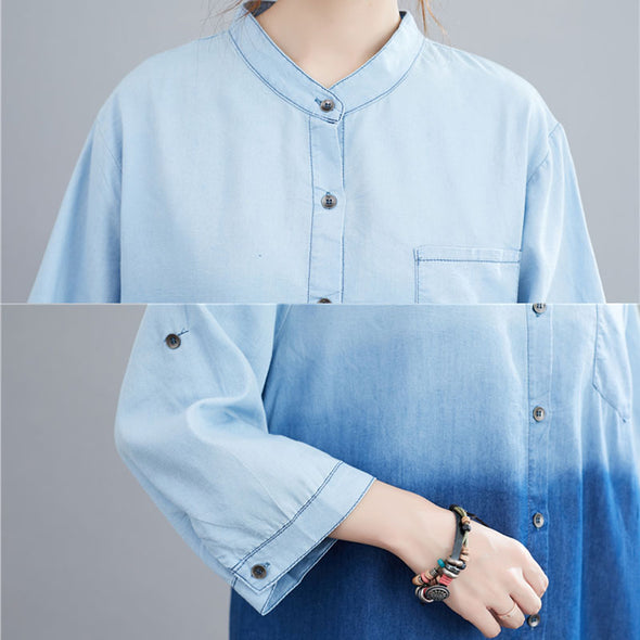 韓国ファッション　デニムシャツ　ロング丈　おしゃれシャツ　チュニックワンピース　シャツワンピース