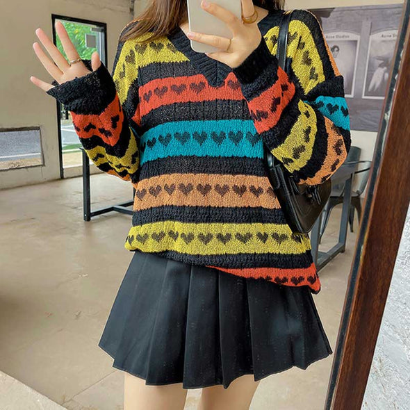 韓国ファッション　【XL~3XL】　ハート柄　ゆるシルエット　配色　ニットセーター