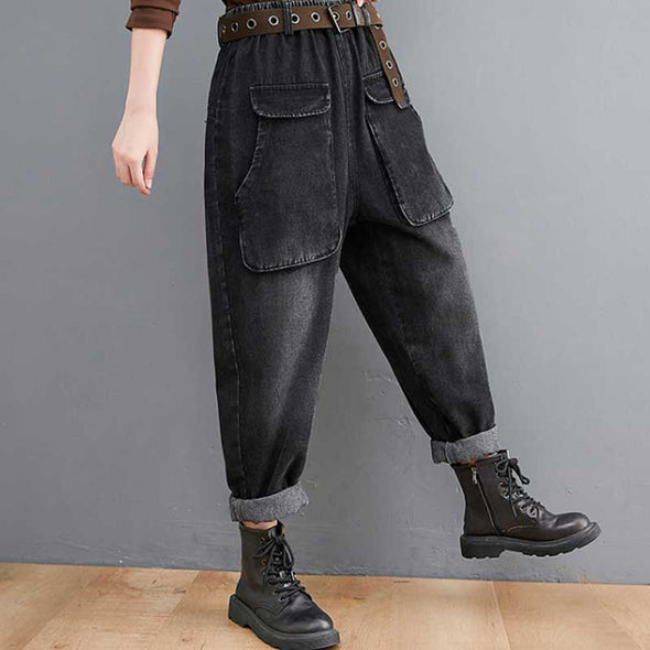 韓国ファッション　ベルト付き　大きめポケット　ワイド風 　デニムパンツ　おしゃれボトムス　かわいいデニム