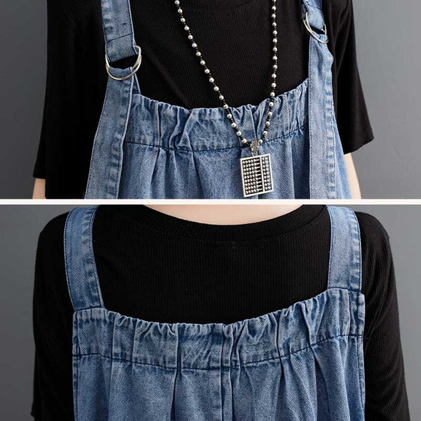 韓国ファッション　かわいい　Aライン　大きめポケット　夏デニムワンピース　ジャンパースカート
