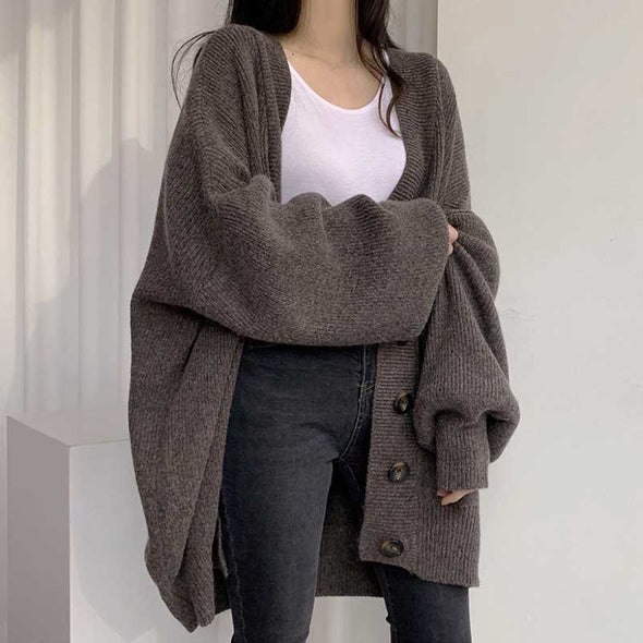 韓国ファッション　ニットカーディガン　ゆったりサイズ　おしゃれニットコート　ボリューム袖