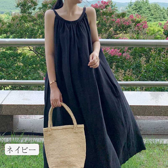 韓国ファッション　ジャンパースカート　夏ワンピース　ロング　体型カバー　