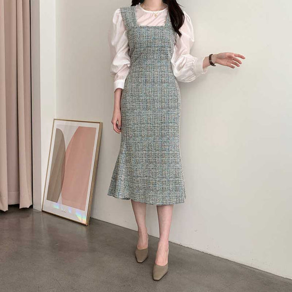 韓国ファッション　おしゃれワンピース　フレア裾　かわいい　チェック柄　人気 　フェミニンワンピース